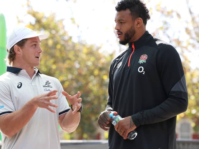 Wallabies captain Michael Hooper speaks to England captain Courtney Lawes during a media opportunity ahead of the Wallabies v England Test series (Picture: Paul Kane/Getty Images)