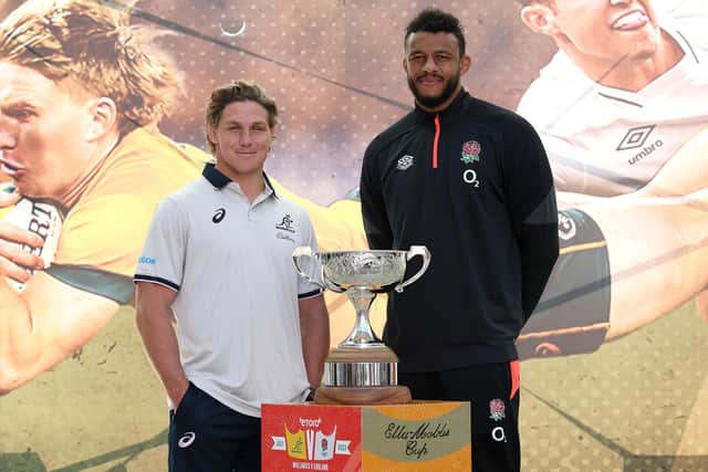 Battle lines: Wallabies captain Michael Hooper and England captain Courtney Lawes pose with the Ella-Mobbs Cup. (Picture: Paul Kane/Getty Images)
