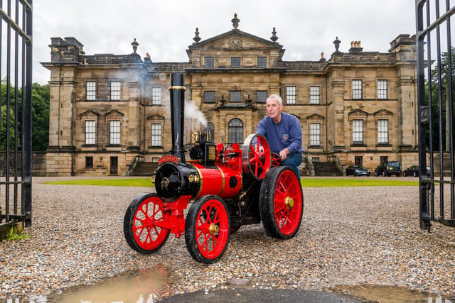 Stephen Gell, of Redcar, who has been coming to the event for over 20 years, goes for a early morning ride around the grounds of Duncombe Park on his 4 inch scale Freelance Steam Engine.
