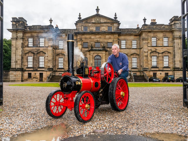 Stephen Gell, of Redcar, who has been coming to the event for over 20 years, goes for a early morning ride around the grounds of Duncombe Park on his 4 inch scale Freelance Steam Engine.