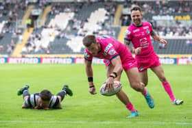 Five star: Ash Handley scores the third of his five tries against Hull.  Picture: Bruce Rollinson