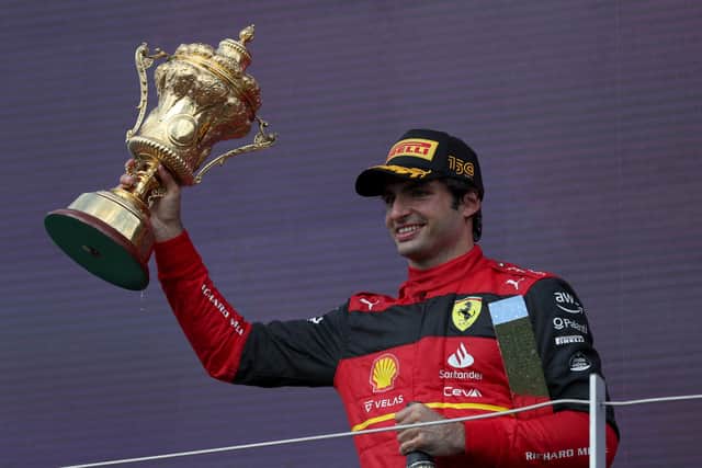 Ferrari's Carlos Sainz celebrates on the podium. Picture: PA.