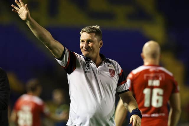 Tony Smith celebrates with the fans after Hull KR's play-off win over Warrington Wolves. (Picture: SWPix.com)