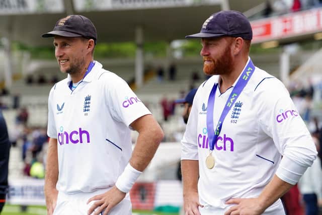 England's Joe Root and Jonny Bairstow after victory over India on day five of the fifth LV= Insurance Test Series match at Edgbaston (Picture: David Davies/PA Wire)