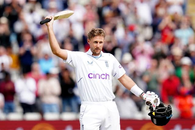 England's Joe Root celebrates his century on day five of the fifth LV= Insurance Test Series match at Edgbaston (Picture: PA)