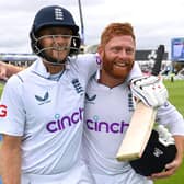 Inseparable duo: Joe Root and Jonathan Bairstow of England celebrate winning the Fifth LV= Insurance Test Match between England and India at Edgbaston on July 05, 2022 in Birmingham, England. (Picture: Gareth Copley/Getty Images)