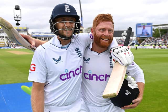 Inseparable duo: Joe Root and Jonathan Bairstow of England celebrate winning the Fifth LV= Insurance Test Match between England and India at Edgbaston on July 05, 2022 in Birmingham, England. (Picture: Gareth Copley/Getty Images)