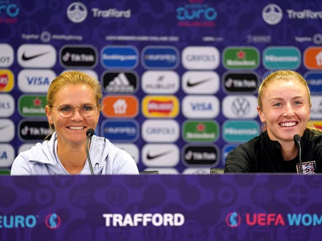 England Women manager Sarina Wiegman (left) and Leah Williamson during a press conference at Old Trafford. Picture: Nick Potts/PA Wire.