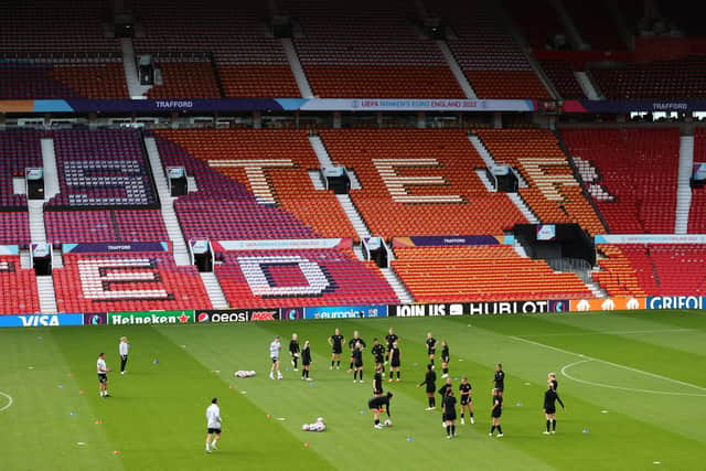GETTING PREPARED: England Women train on the pitch at Old Trafford ahead of the Euro 2022 opener. Picture: Getty Images.