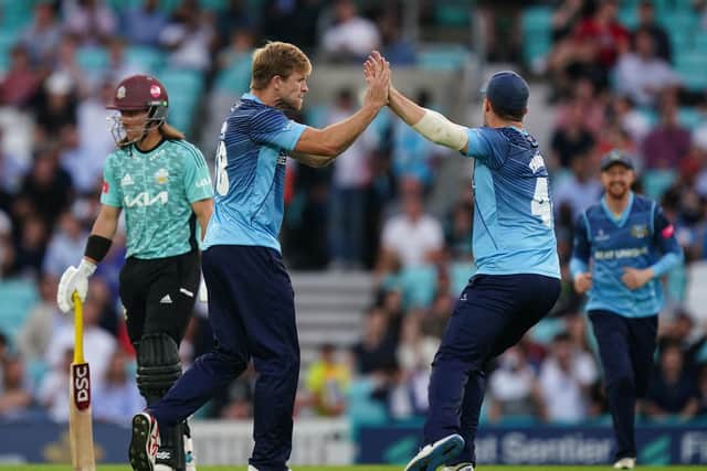 Yorkshire's David Willey (second left) celebrates taking the wicket of Surrey's Will Jacks during the Vitality Blast T20 quarter-final (Picture: Mike Egerton/PA)