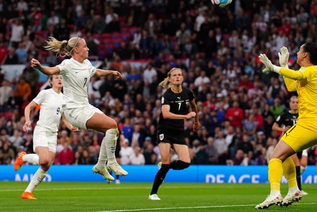 Get in: England's Beth Mead finds the back of the Austria net.  Picture: Martin Rickett/PA Wire.