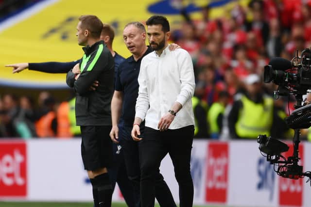 GONE: Huddersfield head coach Carlos Corberan - pictured during the Sky Bet Championship Play-Off Final against Nottingham Forest at Wembley Picture: Mike Hewitt/Getty Images