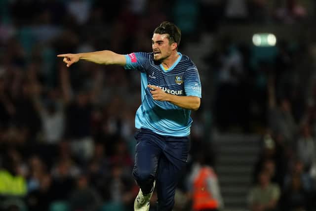 Yorkshire's Jordan Thompson celebrates victory over Surrey after the final ball in the Vitality Blast T20 quarter-final at The Oval. Picture: Mike Egerton/PA
