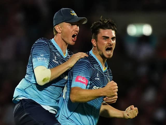 Yorkshire's Jordan Thompson (right) celebrates taking the wicket of Surrey's Sunil Narine during the Vitality Blast T20 quarter-final at The Oval. Picture: Mike Egerton/PA