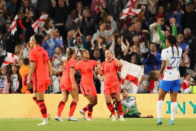 lionesses roar: Whitby’s Beth Mead celebrates scoring England’s fifth goal with team-mates Georgia Stanway and Nikita Parris in their friendly against the Netherlands at Elland Road. Pictures: Lewis Storey/Getty Images