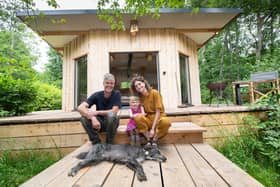 Katy and Skot Doman with their four-year-old daughter Ava, pictured at Tylas Farm north of Helmsley where they launched a luxury glamping enterprise called The Lazy T last year.