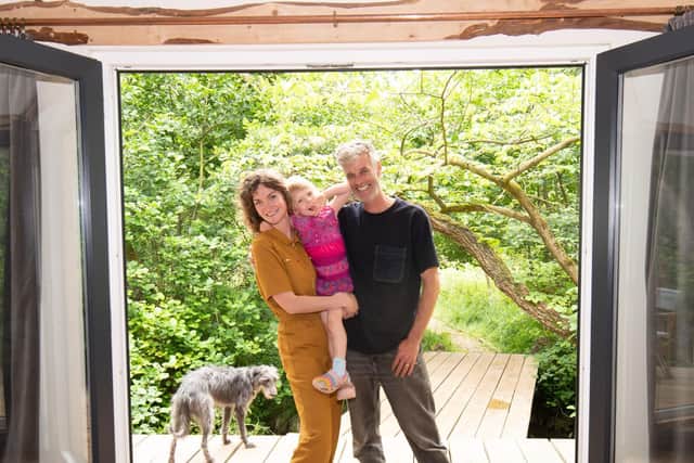 Katy and Skot Doman with their four-year-old daughter Ava, pictured at Tylas Farm north of Helmsley where they launched a luxury glamping enterprise called The Lazy T last year.