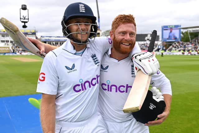 BIRMINGHAM, ENGLAND - JULY 05: Joe Root and Jonathan Bairstow of England celebrate winning the Fifth LV= Insurance Test Match between England and India at Edgbaston (Picture: Gareth Copley/Getty Images)