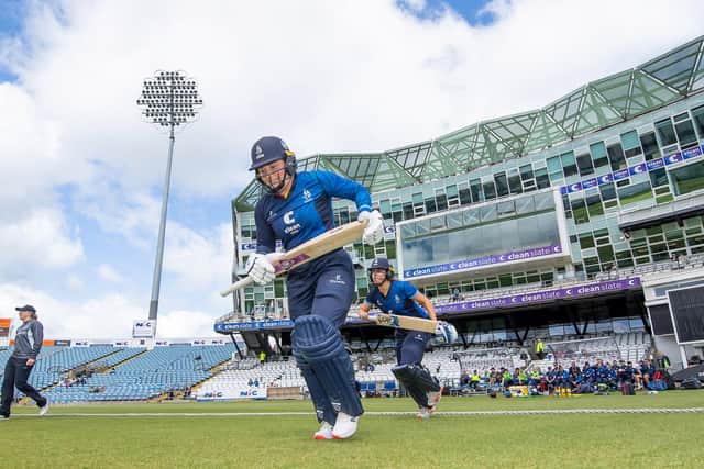 Northern Diamonds' Bess Heath & Sterre Kalis come out to bat earlier this season at Headingley (Picture: Allan McKenzie/SWPix.com)