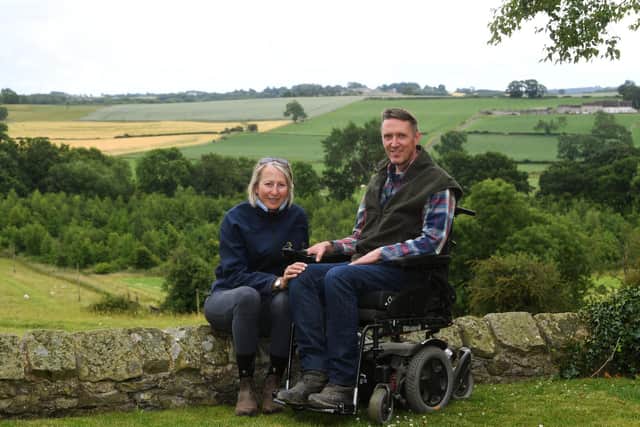 Philip Metcalfe, who has multiple sclerosis, with his wife Sara on their farm near Richmond