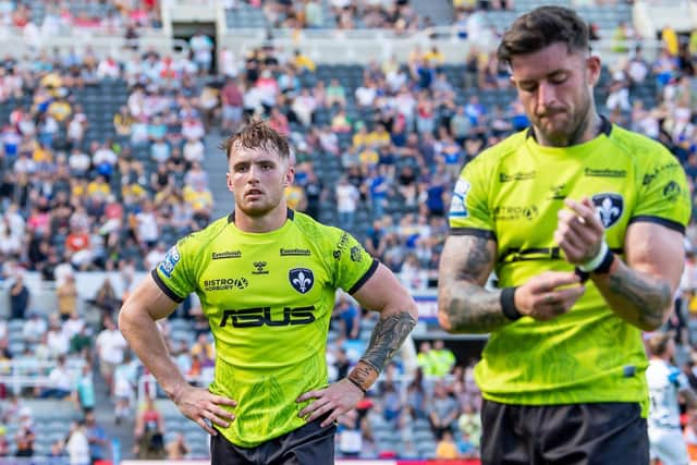 Deflated: Wakefield’s Jack Croft  and Kyle Evans look dejected after their side’s loss to Toulouse. (Picture: Allan McKenzie/SWPix.com)