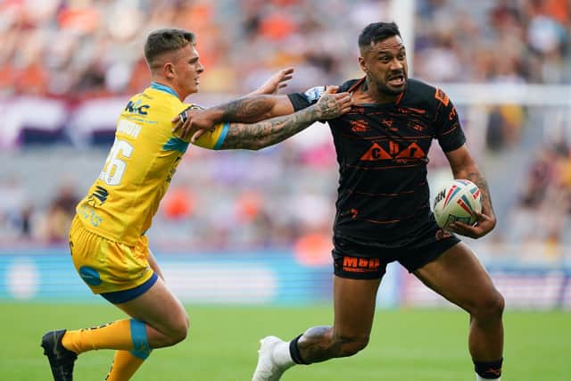 Castleford Tigers' Kenny Edwards is tackled by Leeds Rhinos' Zak Hardaker during the Betfred Super League match at St James' Park, Newcastle. (Picture: Owen Humphreys/PA Wire)
