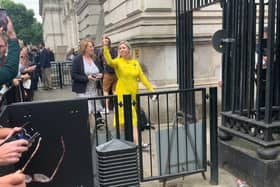 Andrea Jenkyns, Conservative MP for Morley and Outwood, making an obscene gesture to crowds outside Downing Street
Photo: Alex Clewlow