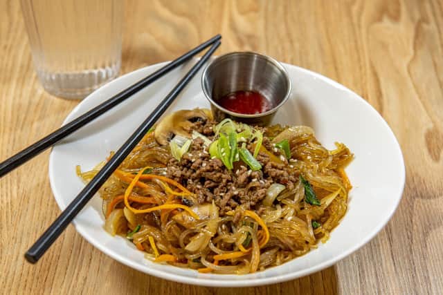 japchae (glass) noodles with sweet potato, onion and cabbage