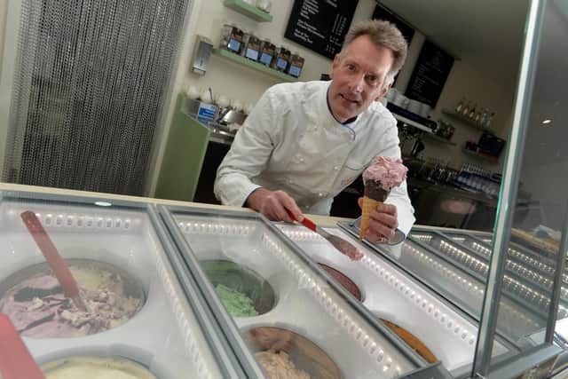 Roger Fawcus with gelato in The Milk Churn at Goodall's Dairy, Scarcroft, Leeds. Picture Bruce Rollinson.