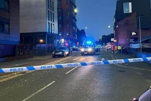 Emergency services were called to Shoreham Street at 3.30am this morning (Sunday 10 July) following reports people had been injured. The car also hit a building before leaving the scene. Image: Sheffield Online.