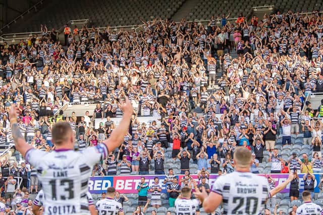Hull FC celebrate the derby win in front of their fans. (Picture: SWPix.com)