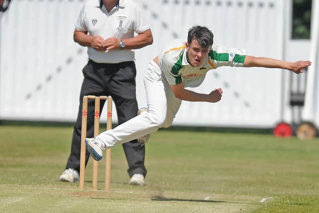 Delivery: Pudsey St Lawrence bowler Daniel Blatherwick took two wickets in the Bradford League win against Farsley. (Picture: Steve Riding)