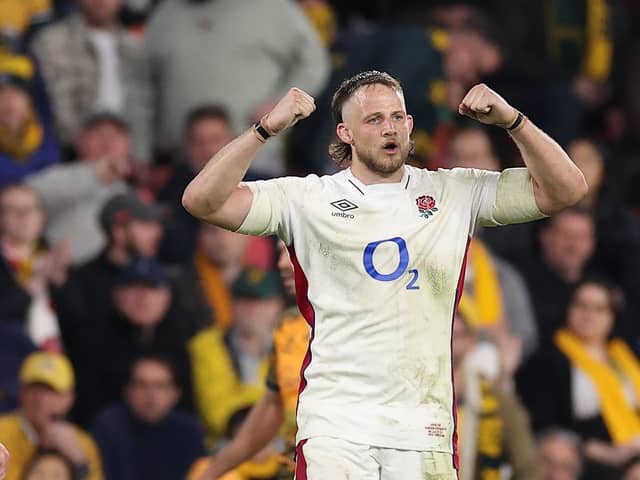Jonny Hill of England celebrates during game two of the International Test Match series between the Australia Wallabies and England at Suncorp Stadium on July 09, 2022 in Brisbane. (Picture: Cameron Spencer/Getty Images)