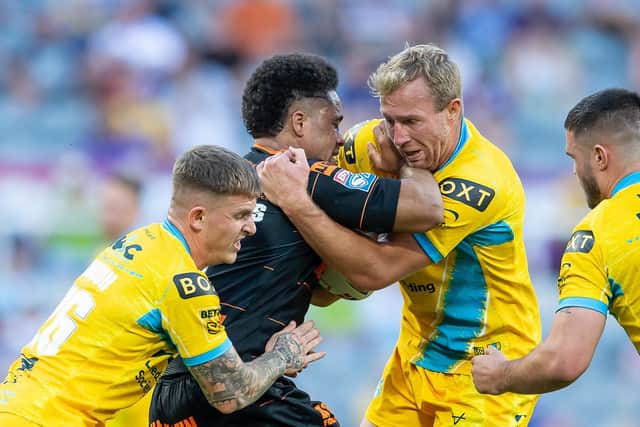Matt Prior gets to grips with Derrell Olpherts at Magic Weekend. (Picture: SWPix.com)