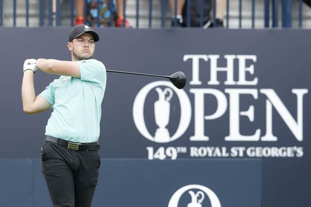 Sheffield amateur Sam Bairstow of England reacts after playing his shot from the first tee during Day One of The 149th Open at Royal St George's Golf Club on July 15, 2021 in Sandwich, England. (Picture: Oisin Keniry/Getty Images)