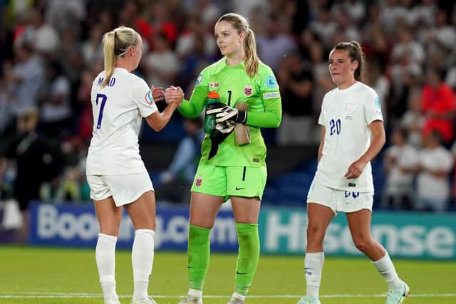England's Beth Mead shakes hands with Norway's Guro Pettersen at full time after the UEFA Women's Euro 2022 Group A match at the Brighton & Hove Community Stadium. (Picture: PA).