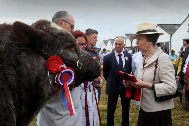 The Princess Royal chats with the owners of Charlesbury MacDonald, the supreme champion in the Beef Shorthorn class.