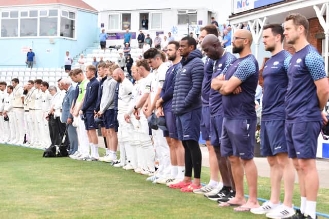 Mark of respect: Players and officials from both sides lined up to remember former Yorkshire player Mike Cowan, who has died. Picture by Will Palmer/SWpix.com