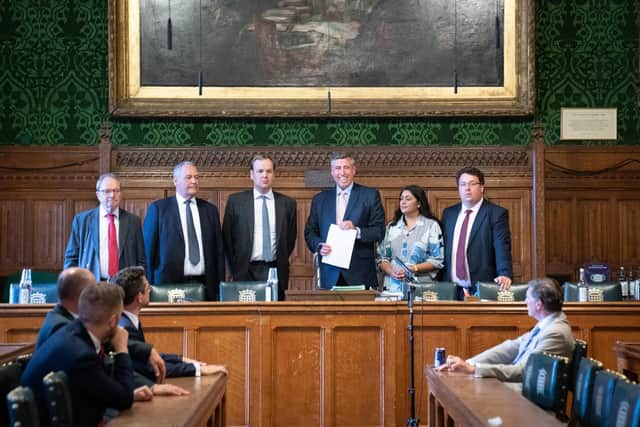 Sir Graham Brady (4th from left) chairman of the 1922 Committee, announces in the Houses of Parliament, which MPs have gained the support of the 20 MPs required to go into the Conservative Party leadership contest after nominations closed on Tuesday. Picture: PA
