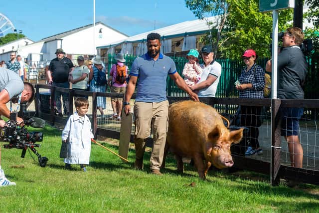 Pictured Young Pig handler Josh Kirby, aged 2, of York, helps out popstar turn farmer JB Gill, best known as a member of boy band JLS, who was taking the opportunity to handle a Tamworth pig whilst visiting the show. Picture: James Hardisty
