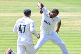 Yorkshire's Shannon Gabriel celebrates bowling out  Surrey's Rory Burns. Picture: Will Palmer/SWpix.com