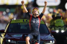 BRILLIANT: Tom Pidcock celebrates as he cycles past the finish line to win the 12th stage of the 109th edition of the Tour de France Picture: THOMAS SAMSON/AFP via Getty Images