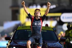 Leeds's Tom Pidcock celebrates his stage victory at the Tour de France.   Picture: Vincent Kalut/PN/Cor Vos SWpix.com