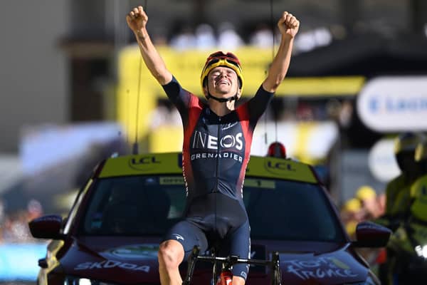 Leeds's Tom Pidcock celebrates his stage victory at the Tour de France.   Picture: Vincent Kalut/PN/Cor Vos SWpix.com