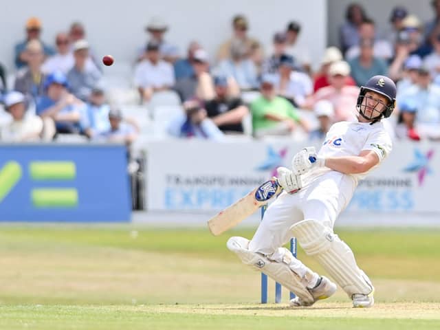 Yorkshire's Matthew Waite takes evasive action from the bowling of Surrey's Jamie Overton. Picture: Will Palmer/SWpix.com