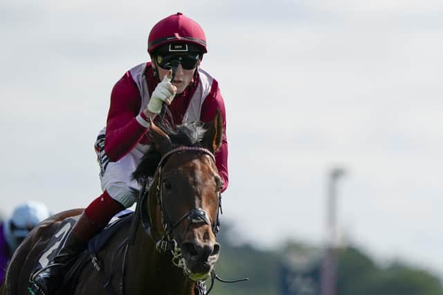 Split: Jockey David Egan celebrates after riding Mishriff to win The Juddmonte International Stakes at York last season, but will no longer be riding for owner Prince Faisal. (Photo by Alan Crowhurst/Getty Images)