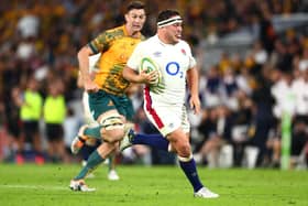 England's Jamie George runs the ball during game two against Australia in Brisbane. (Photo by Chris Hyde/Getty Images)