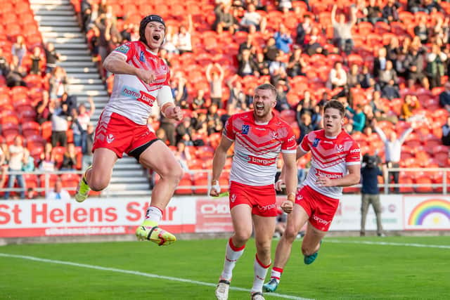 Jonny Lomax jumps for joy after laying on Joe Batchelor's try. (Picture: SWPix.com)