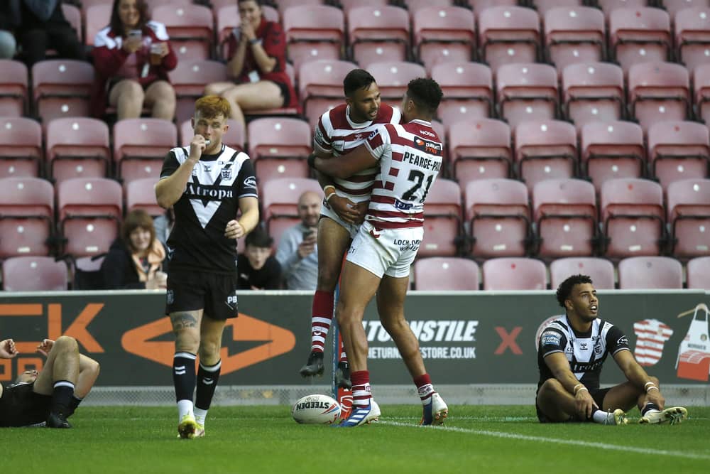 Wigan Warriors' Bevan French celebrates scoring their ninth try and his seventh of the game. Picture: Ed Sykes/SWpix.com