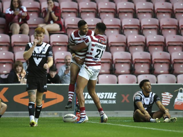 Wigan Warriors' Bevan French celebrates scoring their ninth try and his seventh of the game. Picture: Ed Sykes/SWpix.com